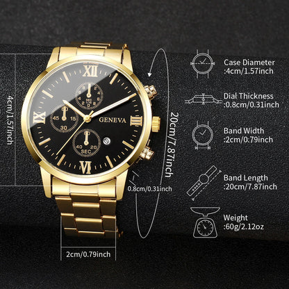 4PCS Men Business Watches Fashion Steel Band Analog Male's Quartz Watch Jewelry Set Relogio Masculino Clock Gift（Without Box）