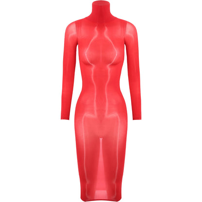 Womens See Though Bodycon Dress Sexy Lingerie Nightwear Long Sleeve Stretchy Glossy Dresses Tempting Party Pole Dancing Clubwear