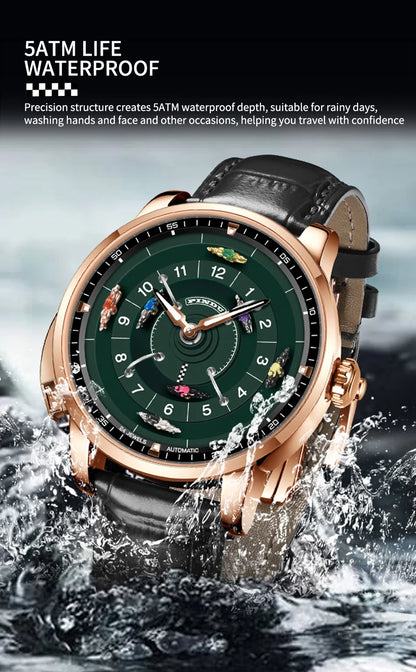 PINDU New Original Design Competitive Horse Racing Watches NH35A Sapphire Stainless Steel Luminous Leather Mechanical Watch Men