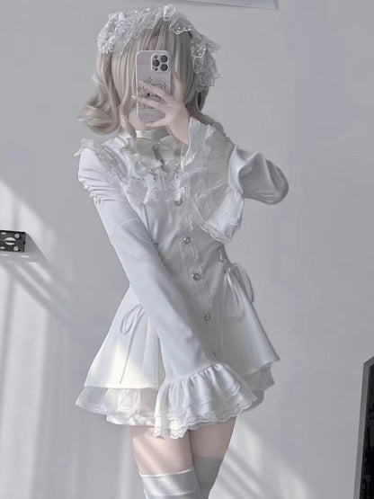 Gothic Vintage Hot Girl Slim Patchwork Dress Women High Street Lace Skinny Long Sleeve Dresses France Sweet White Clothing New