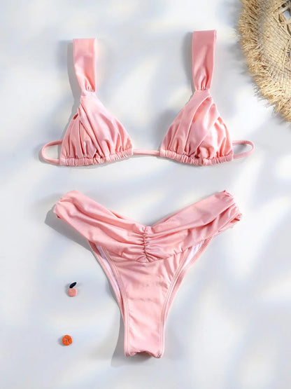 Miyouj Pleasted Bikinis Colaless Swimsuit Triangle Bikini Set Women Swimwear Halter Bathing Suits Bandage Beachwear Brazilian