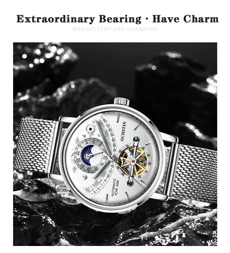 OCHSTIN Men's Stainless Steel Mesh Bracelet Watches Man High-Grade Cooktop Glass Skeleton Mechanical Flying Tourbillon Watch