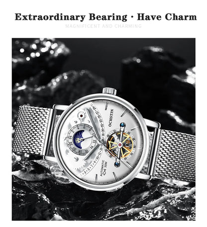 OCHSTIN Men's Stainless Steel Mesh Bracelet Watches Man High-Grade Cooktop Glass Skeleton Mechanical Flying Tourbillon Watch