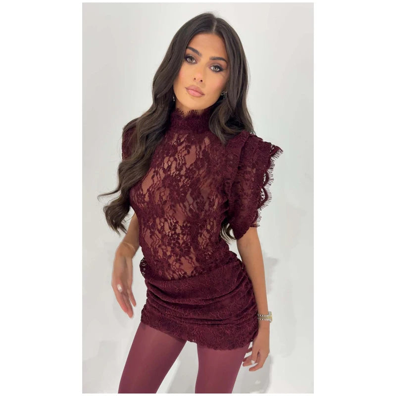 Lace Patchwork Pleated Mini Dress Lady Sexy High Collar Sleeveless Cinched-waist Slim Dresses Women 2026 Evening Party Vestidos