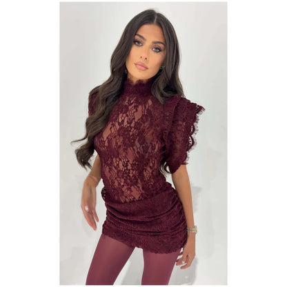Lace Patchwork Pleated Mini Dress Lady Sexy High Collar Sleeveless Cinched-waist Slim Dresses Women 2026 Evening Party Vestidos