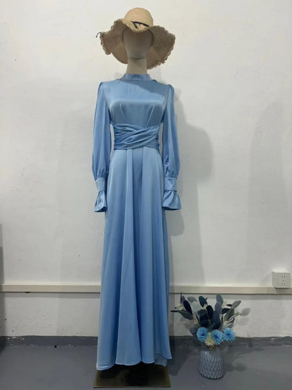 Eid Satin Muslim Dress for Women Abaya Party Dresses Ramadan Lace-up Islam Flare Sleeve Vestidos Largo Dubai Arab Long Robe 2024