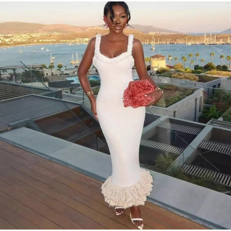 Tassels Hem Twist Strap Knitted Dress Women Sleeveless Backless Slim High Waist Dresses Female Holiday Evening Bodycon Robe