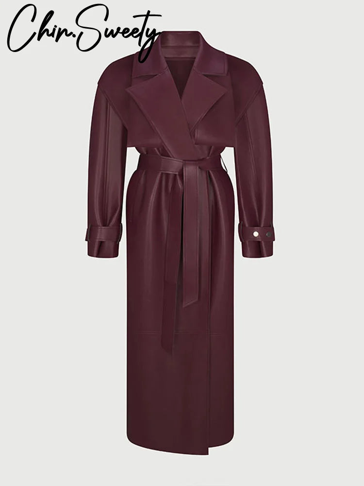 Street Pu Leather Women Long Coat Y2K Solid Belt Lapel Pocket Full Sleeve Female Jacket 2025 Autumn Winter Lady Outwear New