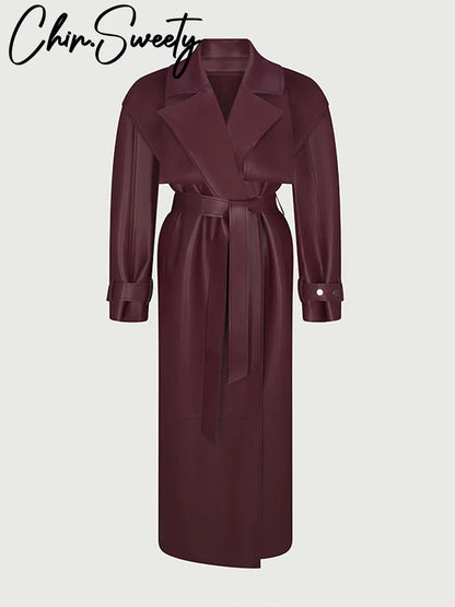 Street Pu Leather Women Long Coat Y2K Solid Belt Lapel Pocket Full Sleeve Female Jacket 2025 Autumn Winter Lady Outwear New