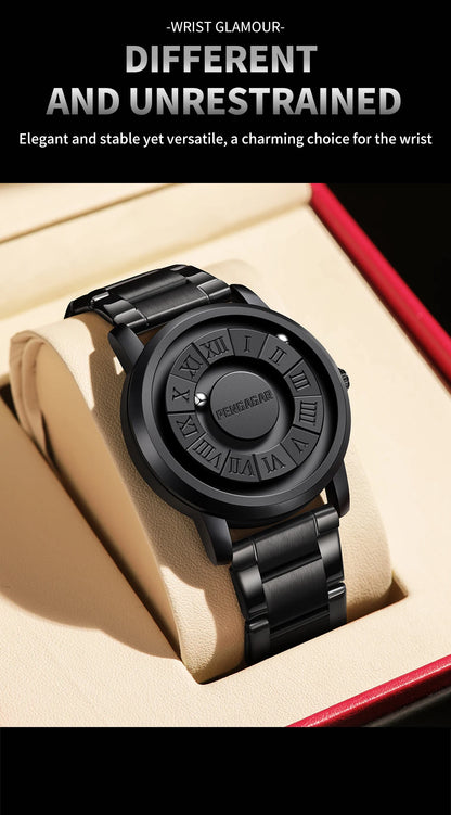 PENGAGAR Men's Watches Stainless steel Quartz Watch Creative Scrolling Pointer Magnetic Force Wrist Clock Relogio Masculino +box