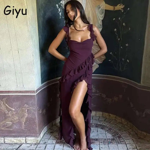 Giyu Sexy Ruffles Summer Dress 2025 Women Clothing Elegant Holiday Club Evening Party Dresses Slash Neck Split Bodycon Long Robe