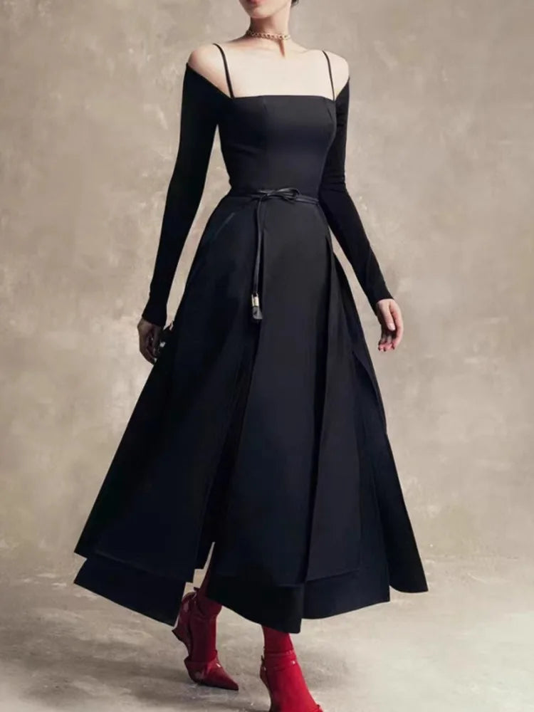QMQA Fashion Women's Elegant Dresses Off The Shoulder Long Sleeve Split Asymmetric Hem Thin Middle Low Waist Dress New 1A200
