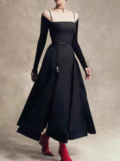 QMQA Fashion Women's Elegant Dresses Off The Shoulder Long Sleeve Split Asymmetric Hem Thin Middle Low Waist Dress New 1A200