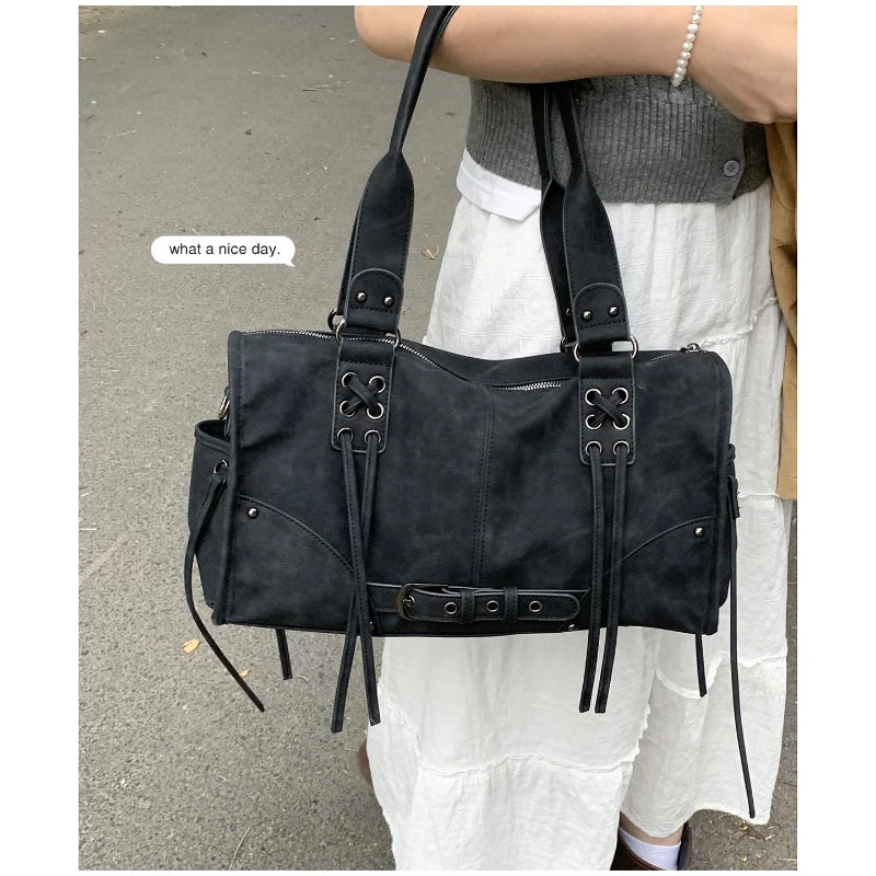 Retro Motorcycle Handbag Women Horizontal Tote Storage Tassel Design Pillow Shoulder Bag Trendy Large Capacity Soft Underarm Bag