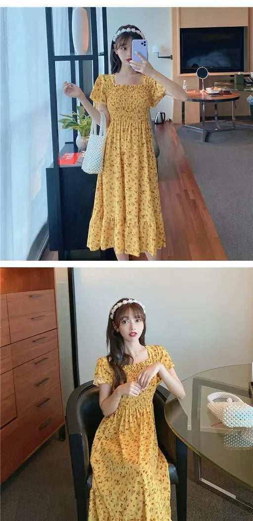 2025 Spring Summer New Dress Women Mini Dresses Female Short Sleeve Elastic Bust Printed Floral Pleated Backless Casual Dress