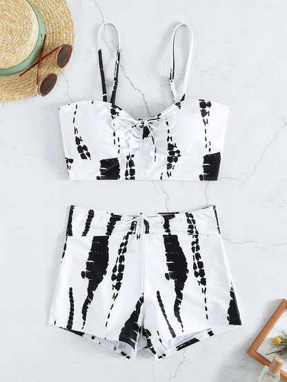 2026 Tie Dye Bikini Drawstring Swimsuit Women High Waist Shorts Swimwear Female Padded Bathing Suit Swimming Beachwear Summer