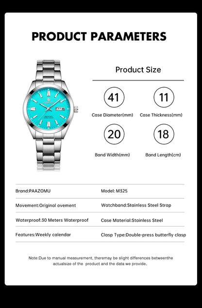 PAAZOMU Man Fashion Wristwatch Business Stainless Steel Band Quartz Men Watch Waterproof Luminous Date Square Men's Watches