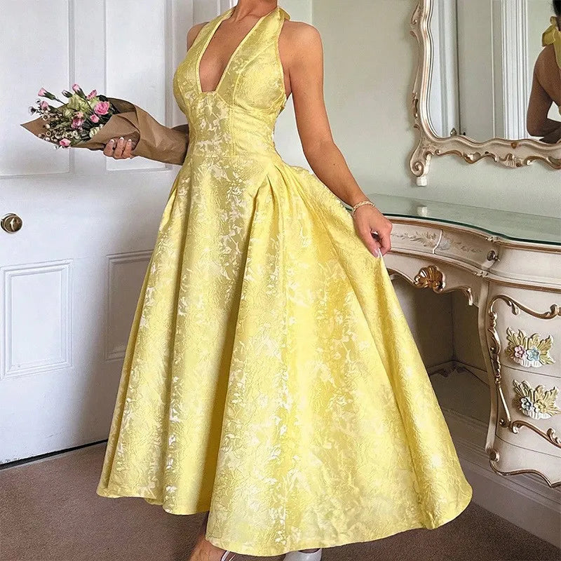 Solid Backless Lace Up A-line Dress Women Sleeveless Deep V-neck High Waist Pleated Midi Dresses Lady Evening Party Robes 2026
