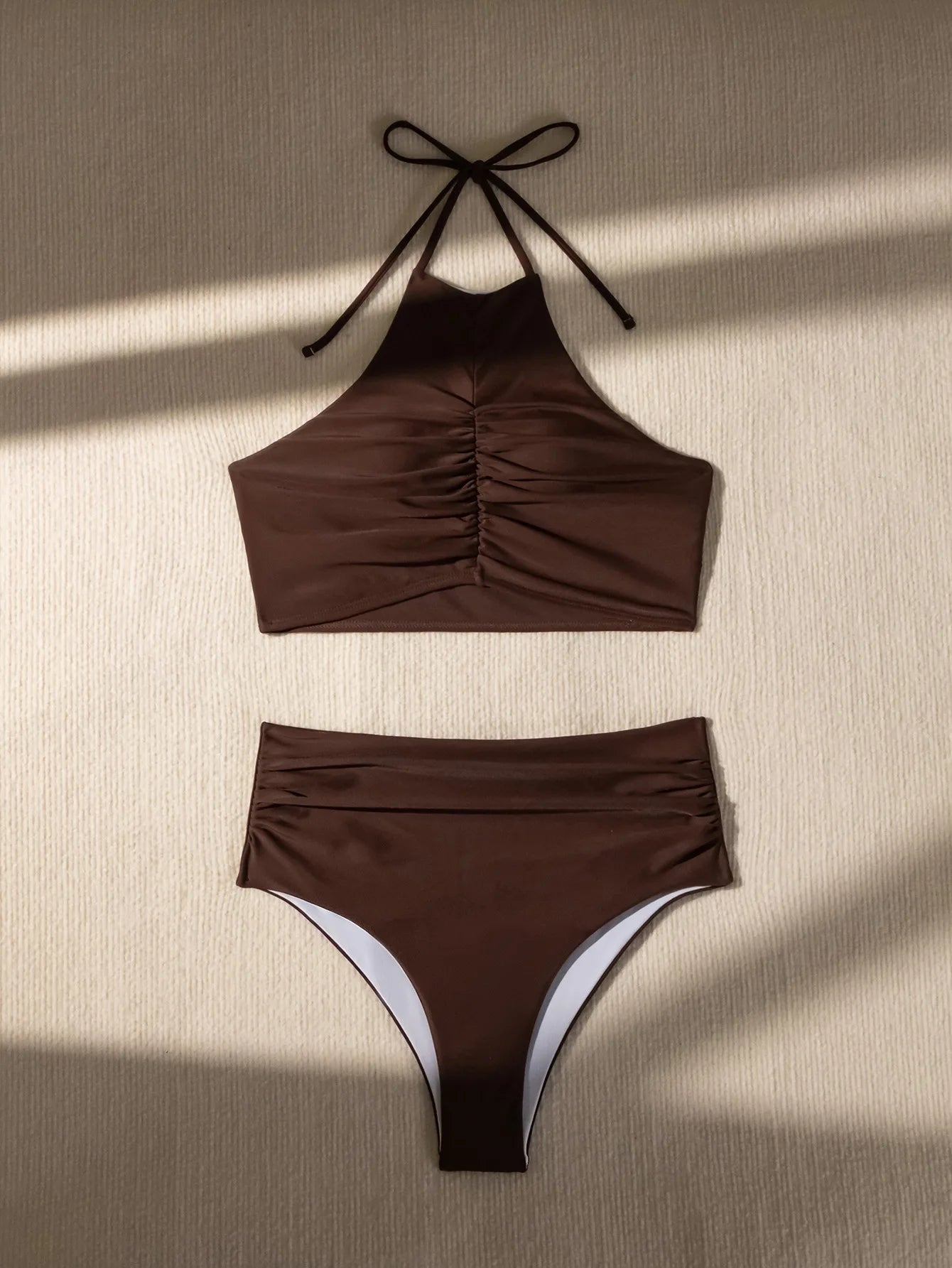 Sexy Halter Pleate Bikini Set 2026 Women Coffee Push Up Crop Top with High Waist Swimsuit Summer Holiday Bathing Suit Swimwear