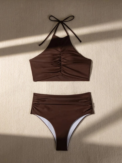 Sexy Halter Pleate Bikini Set 2026 Women Coffee Push Up Crop Top with High Waist Swimsuit Summer Holiday Bathing Suit Swimwear
