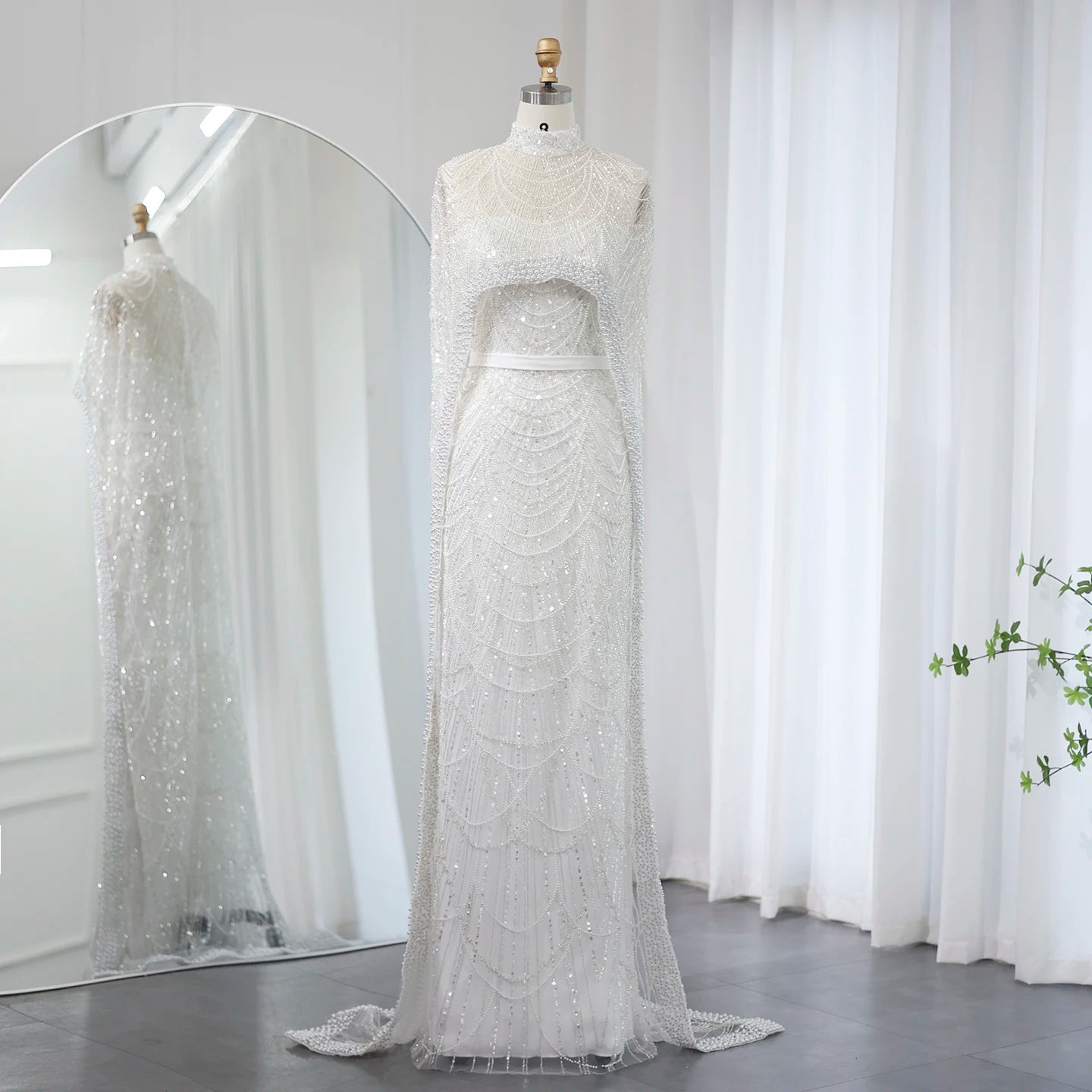 Sharon Said Luxury Pearls Dubai Champagne Evening Dresses with Cape New Arabic Women Mermaid Wedding Party Prom Dress SS369