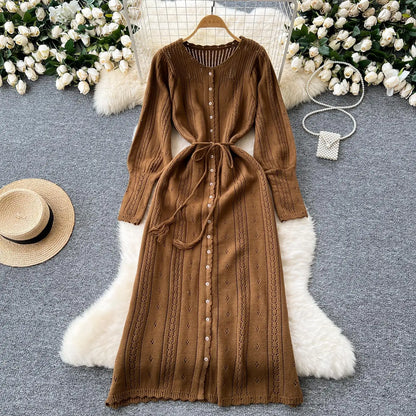 Women's Solid Single Breasted Hollow Out Knit Lace-up Dress Autumn Fashion Round Neck Elegant Festival Sweater Long Dresses 2024