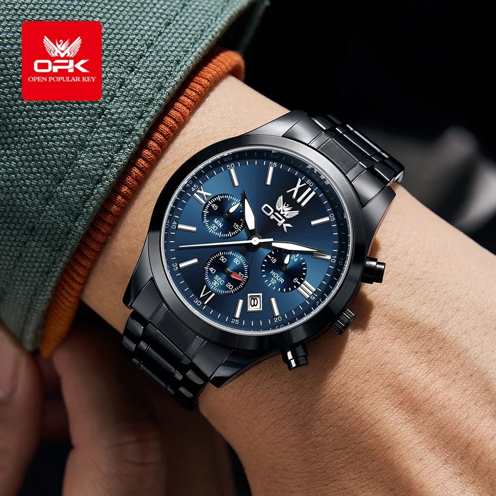 OPK 6052 Chronograph Quartz Wristwatch Original Steel Strap Waterproof Luminous Calendar Fashion Elegant Men's Business Watches