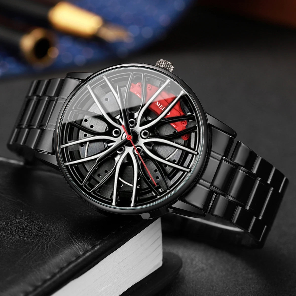 4PCS/Set Fashion 3d Car Wheel Dial Men Sports Watches Luxury Stainless Steel Quartz Watch Jewelry Set Reloj Hombre (Without Box)