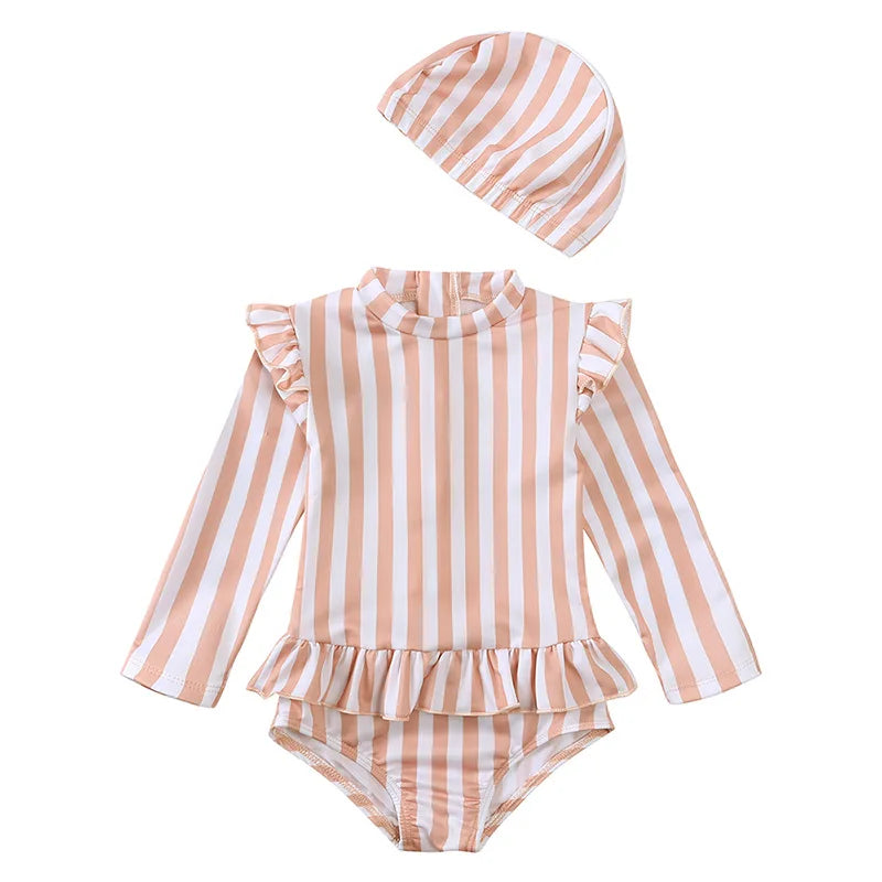 Girls Cute Backless Floral One-piece Swimsuit Baby Bikini Swimwear with hat Sun-proof Beach Vacation Toddlers Kids Chic Swimsuit