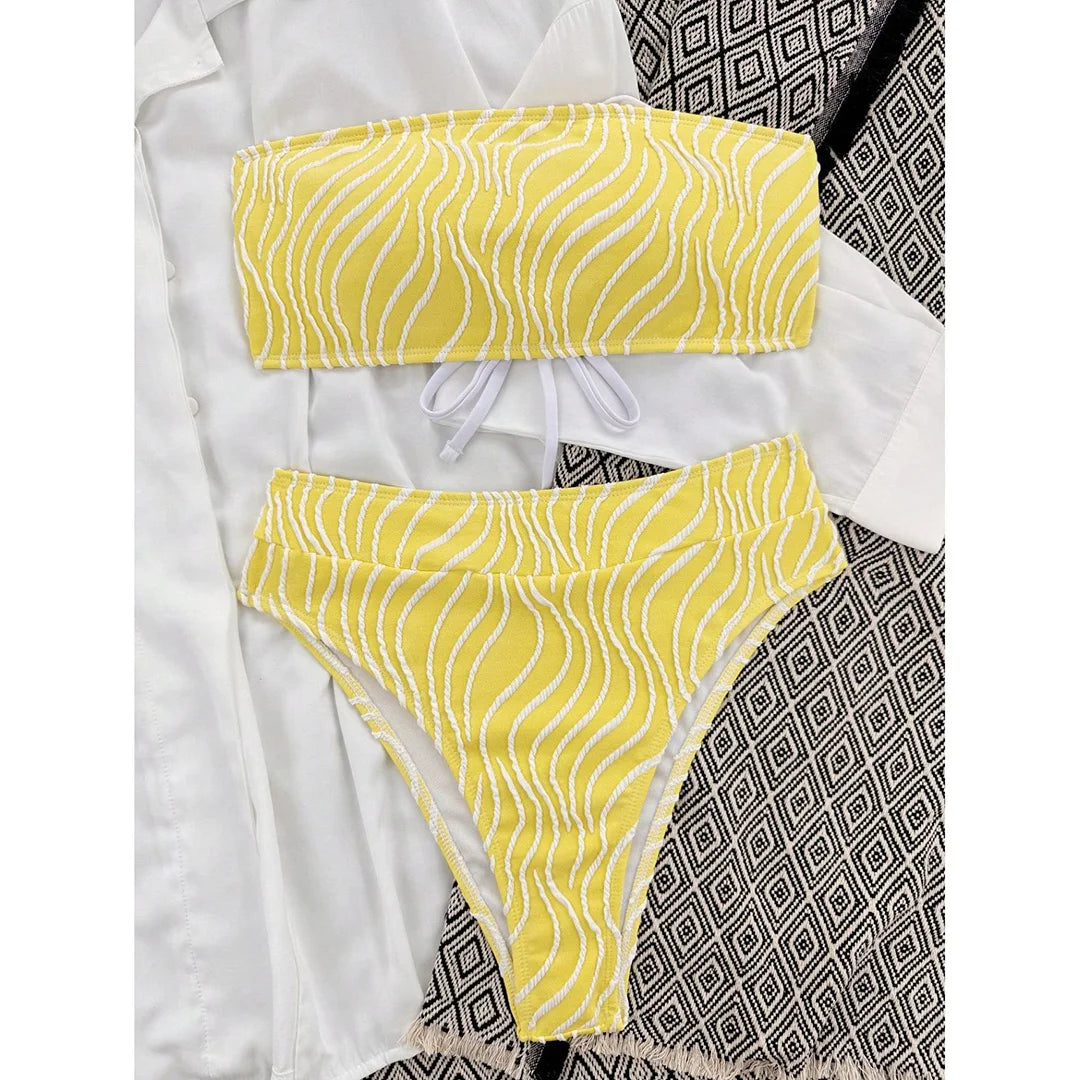 Sexy Wave Striped Bandeau High Waist Bikini Female Swimsuit Women Swimwear Two-pieces Bikini set Bather Bathing Suit Swim K5445