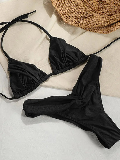 Sexy Folds Bikini Set Solid Micro Bikinis Women Swimsuit Female Triangle Swimwear Beach Wear Bathing Suit