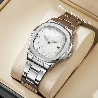 Luxury Men Business Watches Fashion Square Dial Stainless Steel Strap Quartz Watch with Calendar For Mens Clock（Without Box）