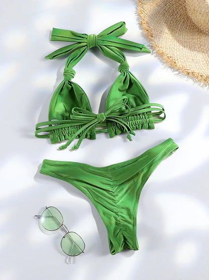 Tiedown Bikini for Women Triangle Swimwear Bathing Suit Brazilian 2-Piece Folds Bikinis Set solid Push Up Swimsuit New 2026