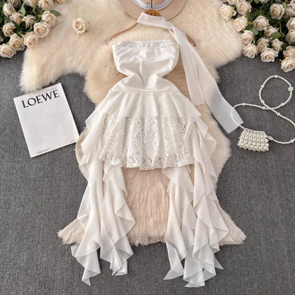 Foamlina French Style White Strapless Dress Women Summer Lace Irregular Flanged Ribbon Design Girl's Holiday Shopping Dresses