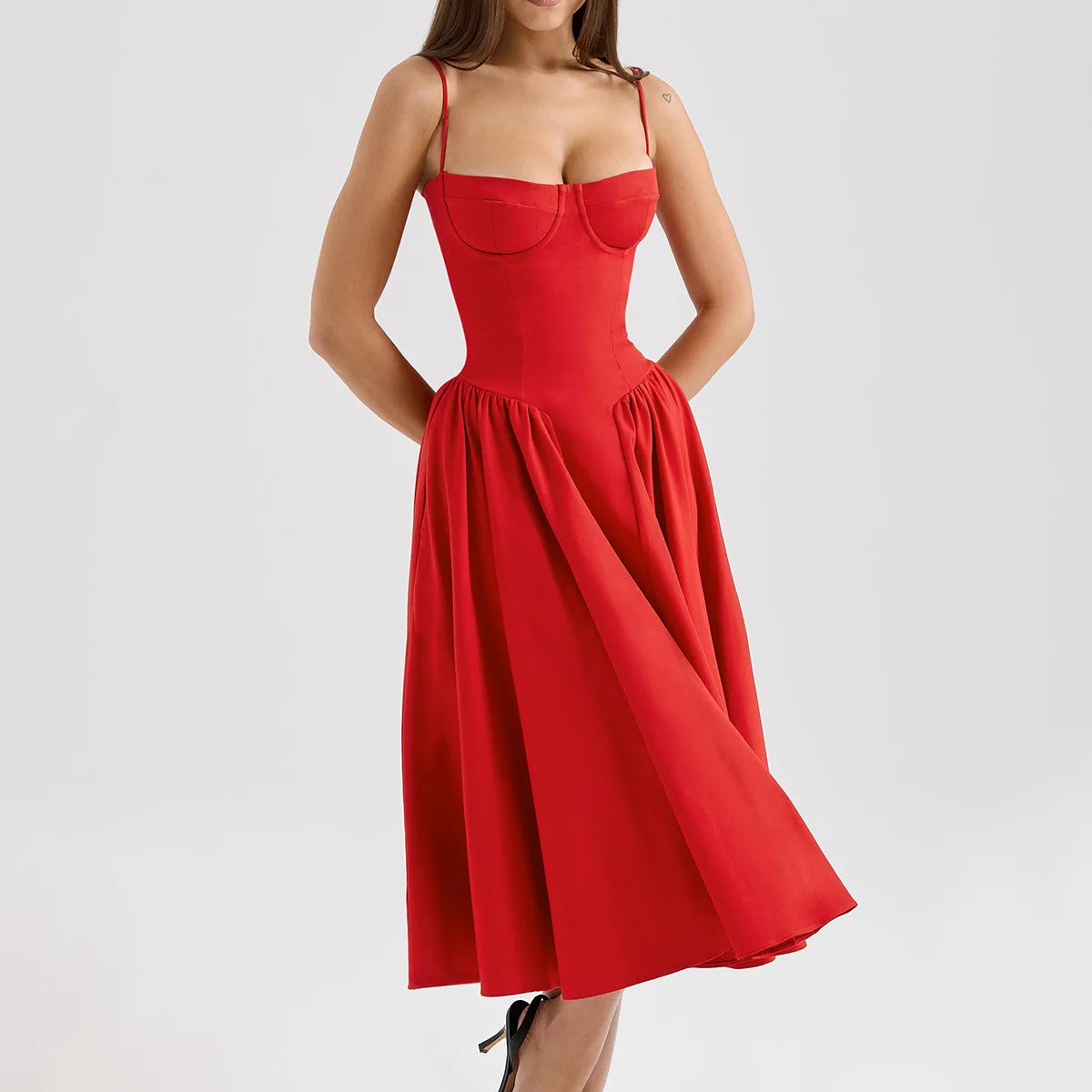 Suninheart Spaghetti Strap Summer Party Dresses 2025 New Arrivals Fit and Flare Elegant Midi Dress Red Night Date Dress
