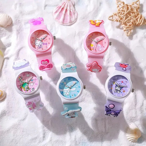 Sanrio 3D Pattern Children's Watch Cinnamoro Hello Kitty Waterproof Quartz Watch Kuromi Cartoon Silica Gel Watchband Kids