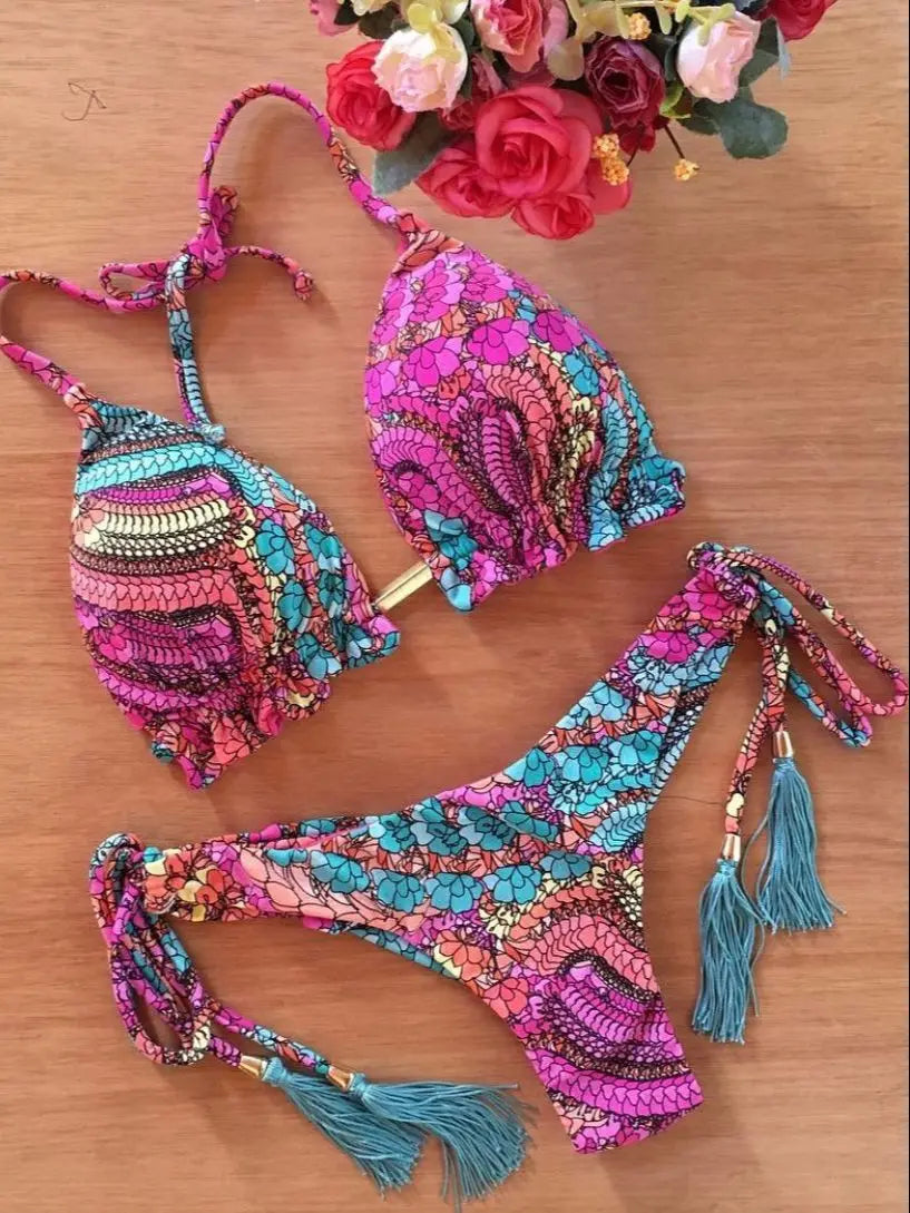 RUOTONGSEPT Sexy Micro Bikinis Set 2024 New Swimsuit Women Feather Print Bandage Swimwear Female Bathing Suit Brazilian Biquinis
