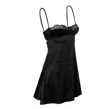 Women's Sexy Lace Patchwork Satin Dress Low-cut Sleeveless Backless Hollow-Out A-line Mini Dresses Sleepwear Y2K Streetwear
