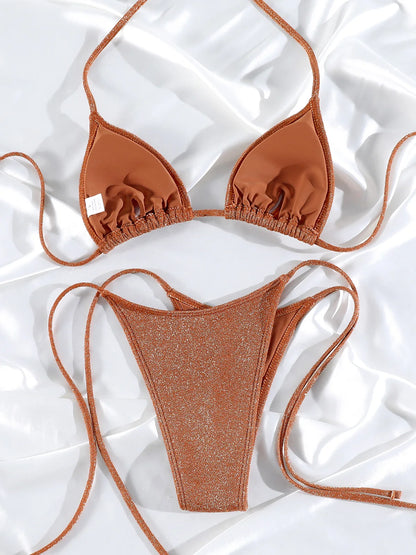 Miyouj Shiny Bikini Set Triangle Bikinis Bandage Swimsuit Women Two Piece Swimwear Summer Biquini New Beachwear