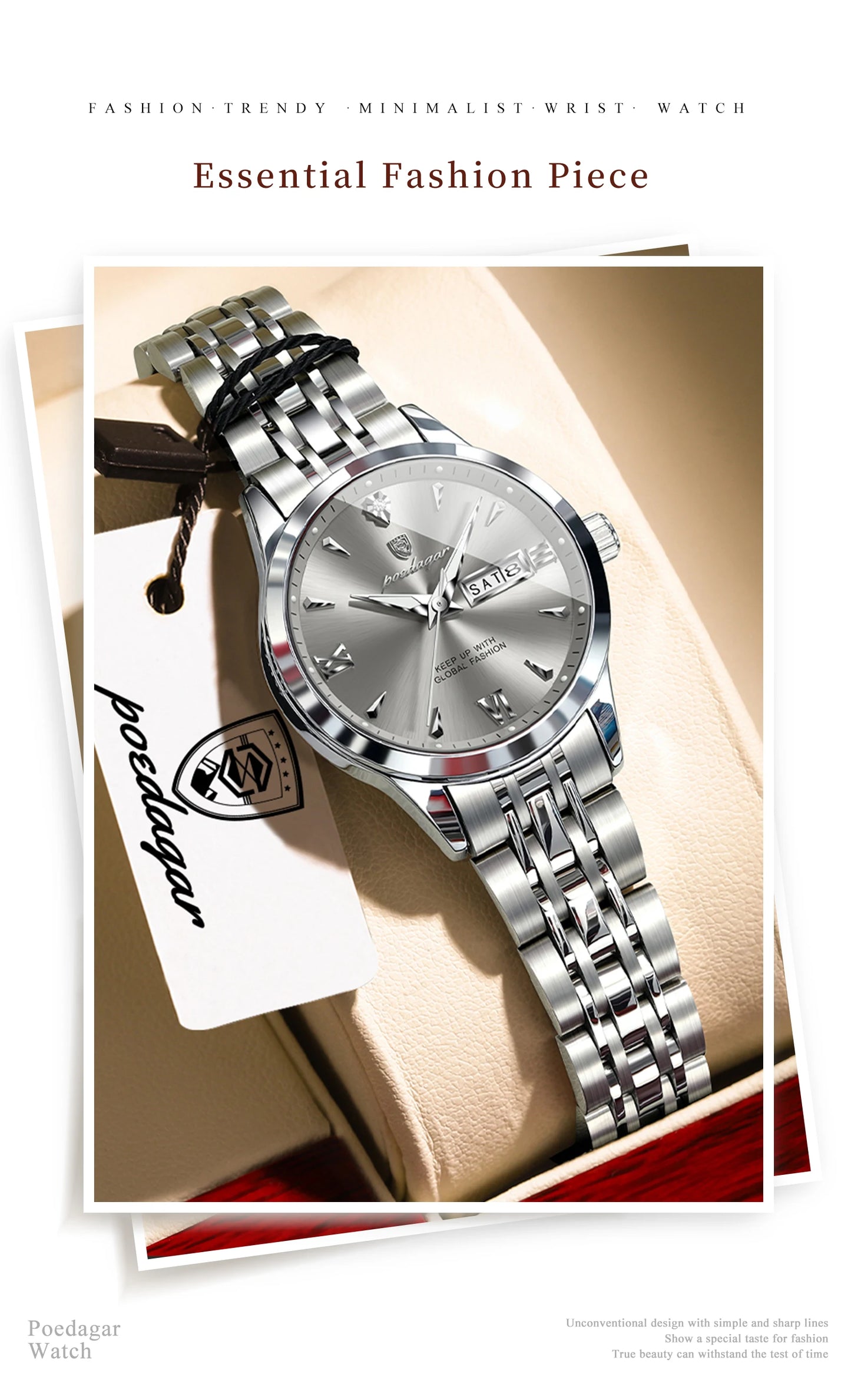 POEDAGAR Elegant Woman Watch Waterproof Luminous Date Week Ladies Wristwatch Stainless Steel Quartz Fashion Women's Watches Gift