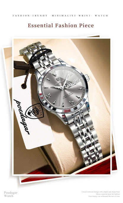 POEDAGAR Elegant Woman Watch Waterproof Luminous Date Week Ladies Wristwatch Stainless Steel Quartz Fashion Women's Watches Gift