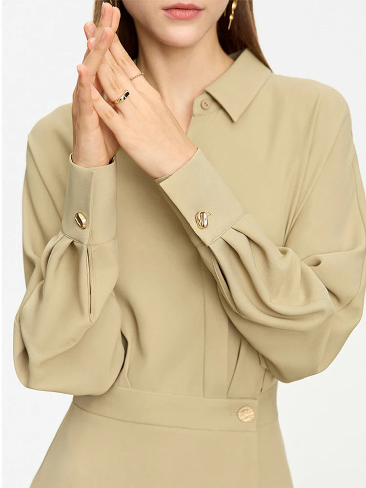 AMII Minimalist French Long-sleeve Shirt Dress for Women 2024 Autumn New A-line Office Lady Solid Midi Dresses Vestidos 12343290