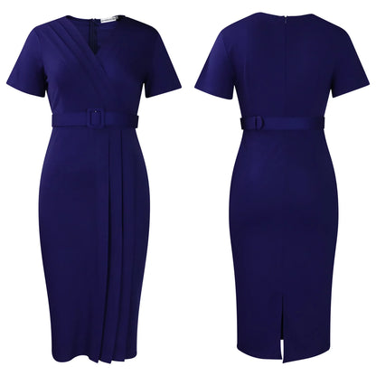 Summer New 2026 Women's Solid Color V-Neck Short Sleeve Dress Pencil Skirt Waist Tunle Material Fashionable Casual Maxi Dress