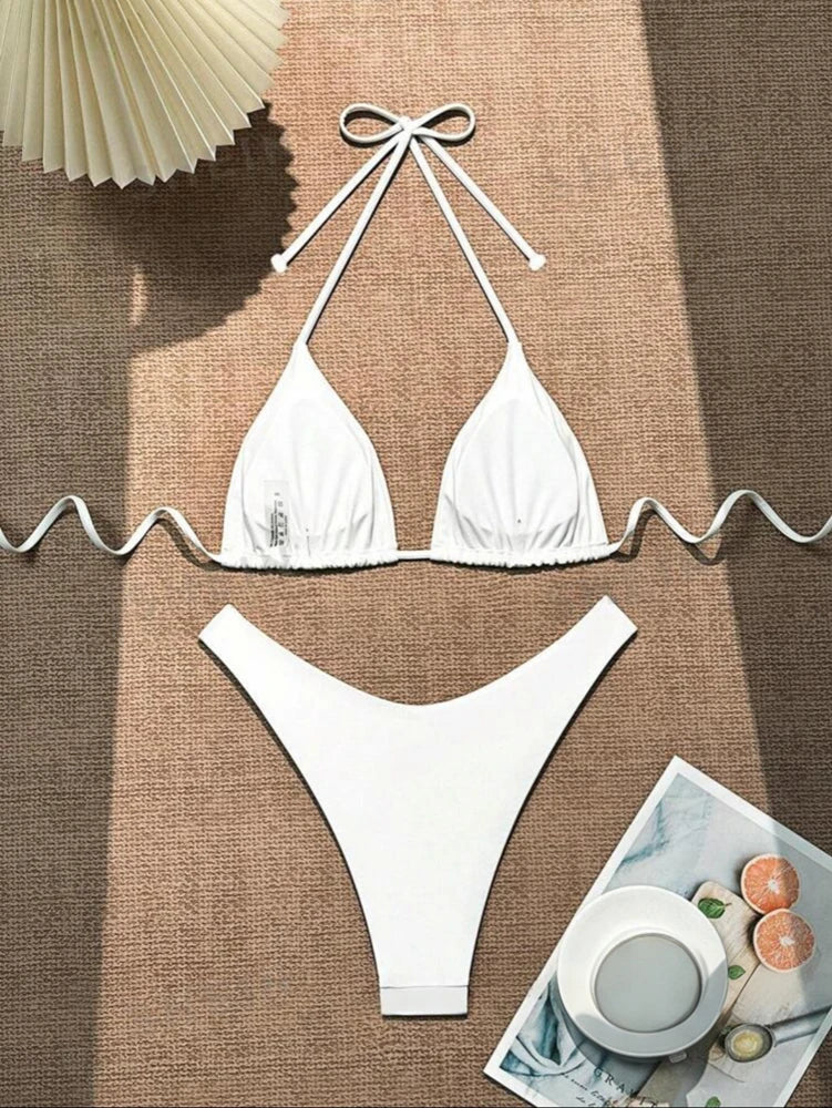 2025 New Bikini Set Women Sexy Simple Solid White/Black/Coffee Halter Bikini Swimsuit Lace Up Brazilian Beach Bathing Suit