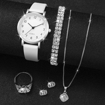5/6PCS Fashion Women's Quartz Watch Leather Band Analog Quartz Watches with Diamond Jewelry (Without Box)