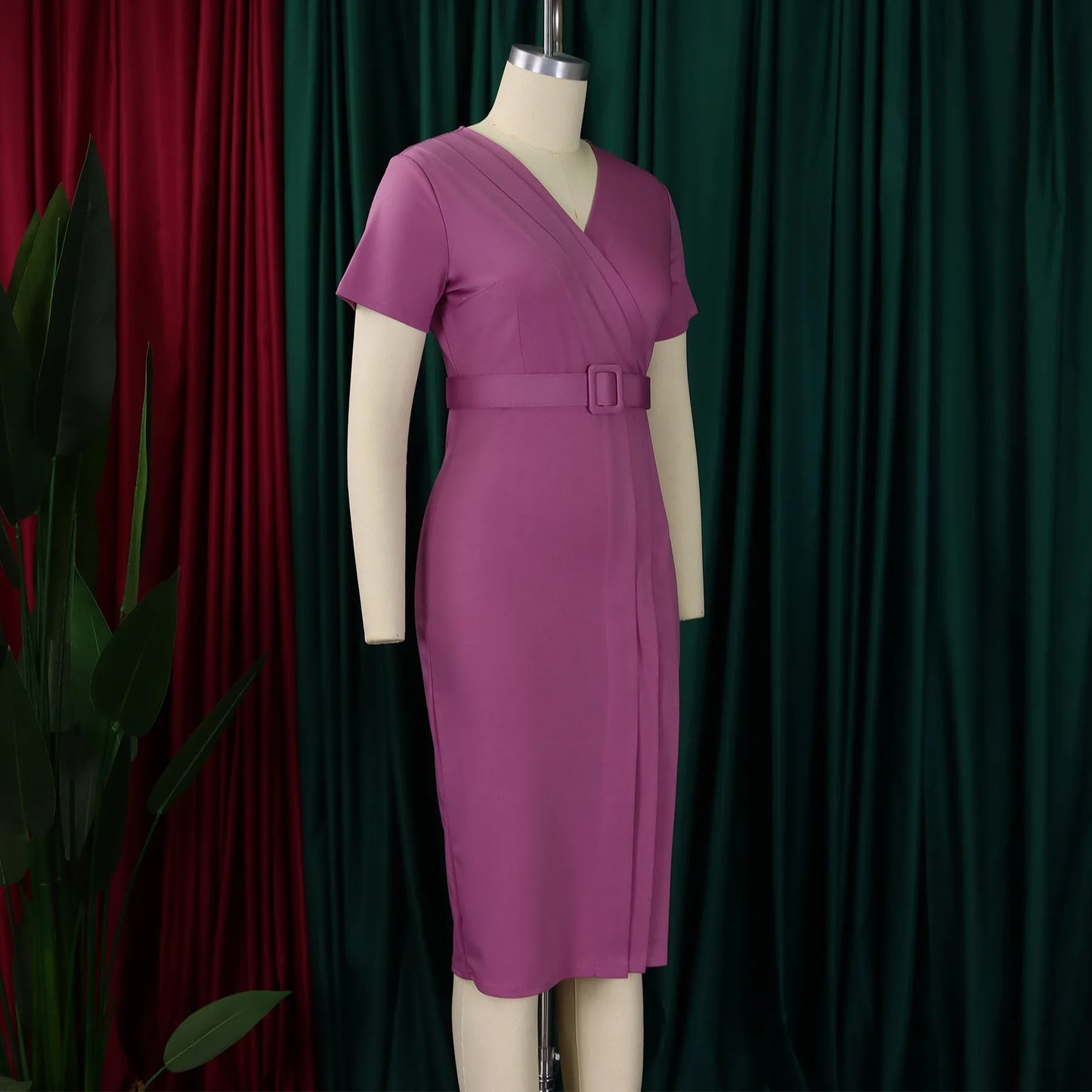 Summer New 2026 Women's Solid Color V-Neck Short Sleeve Dress Pencil Skirt Waist Tunle Material Fashionable Casual Maxi Dress