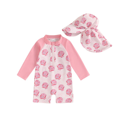 Toddler Girls Boys Beach Wear Kids Swimwear Summer Long Sleeve Floral/Tropical Print Zip Up Bathing Suits with Hat For Swimsuit