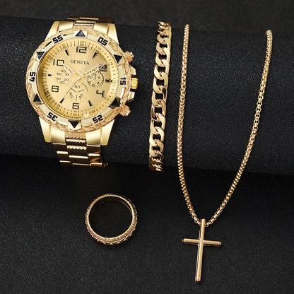 4PCS/Set Fashion Men Business Watches Luxury Big Dial Quartz Watch for Men Clock Jewelry Set Reloj Hombre（Without Box）