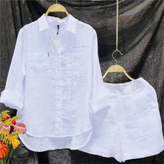 Summer Casual Home 2 Piece Set For Women 2025 Basics Cotton White Long Sleeve Shirt and Shorts Pants Set New Fashion Tracksuit