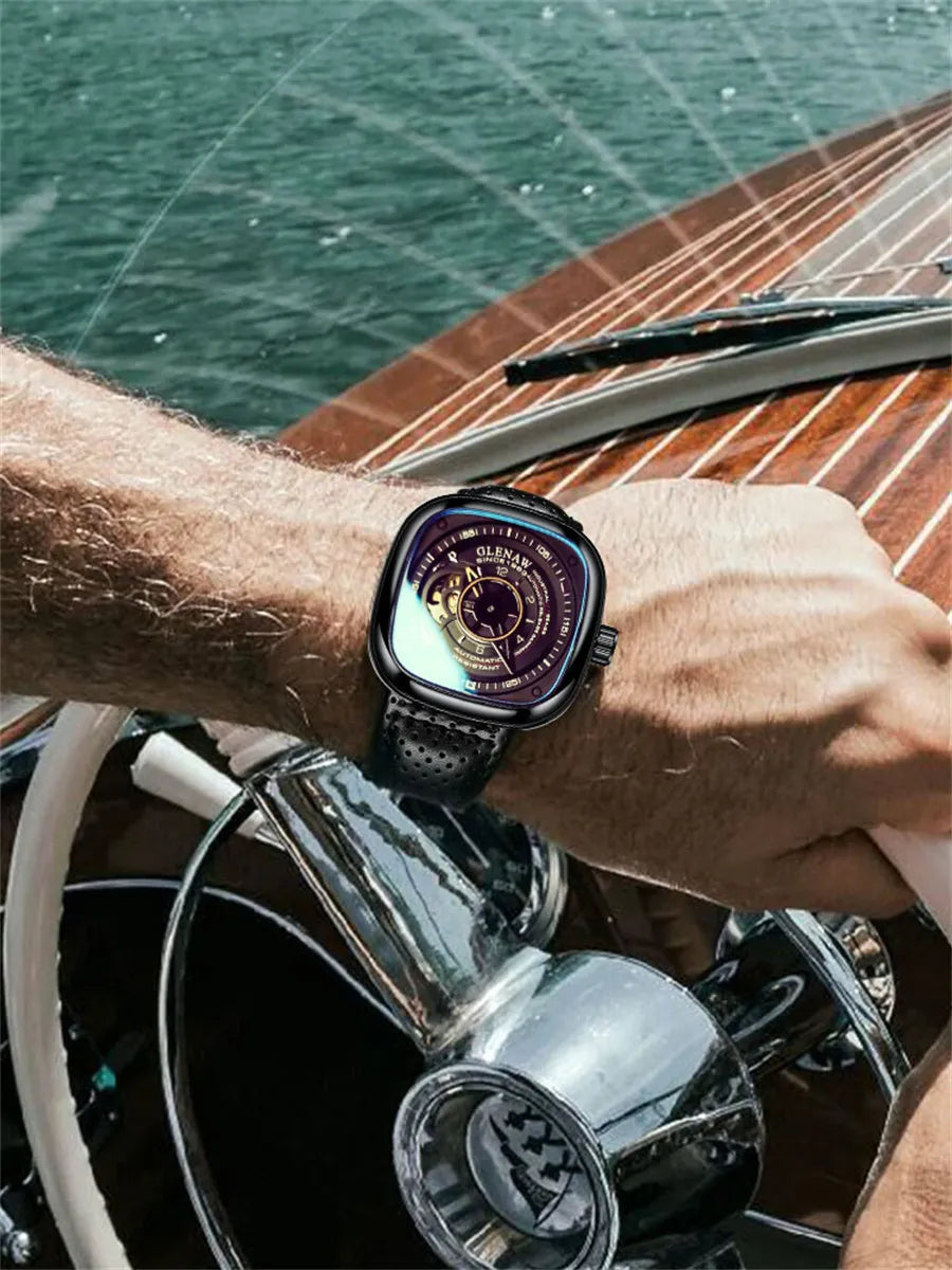 GLENAW Mechanical Watch for Men Breathable Leatherstainless Steel Automatic Skeleton Mens Watches Top Brand Luxury Reloj Hombre